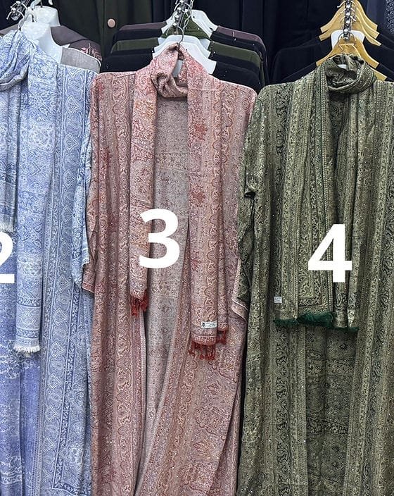 ultimate pashmina abayas in blue, pink, and green