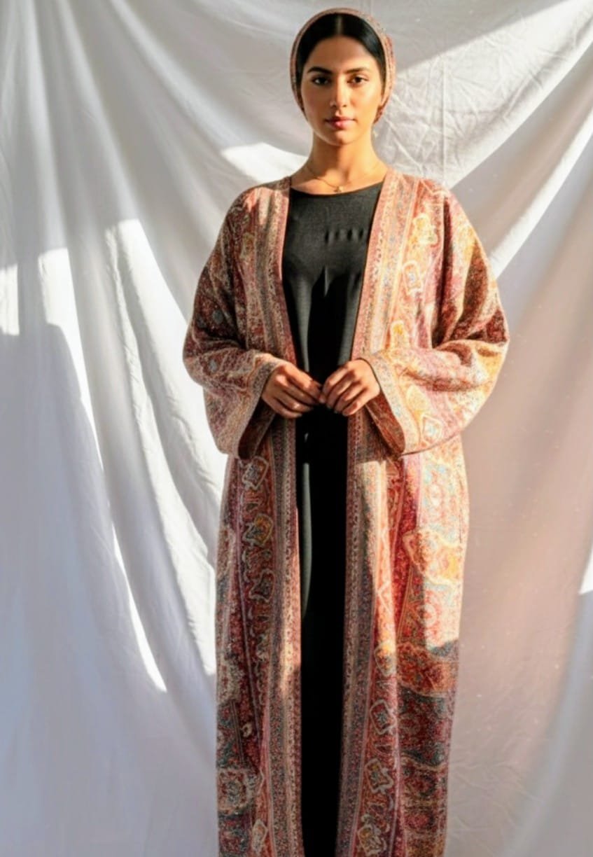 ultimate multicolor abaya with headscarf against light background