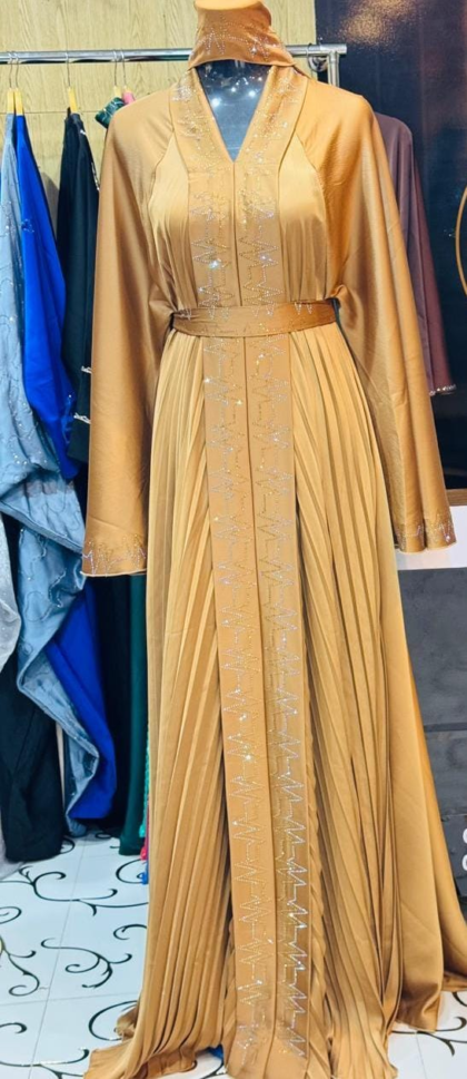 Gold Shimmer Pleated Panel Open Abaya with Hijab