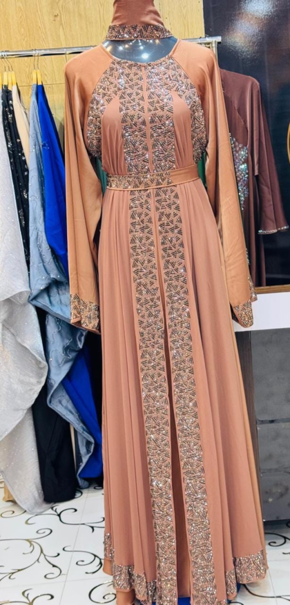 Rose Peach Heavy Stone Geometric Open Abaya with Hijab
