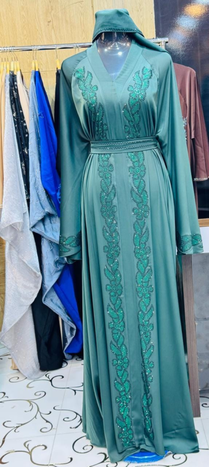 Emerald Green Vine Stone Open Abaya with Hijab