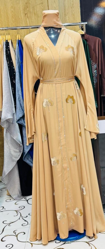 Golden Beige Floral Stone Open Abaya with Hijab