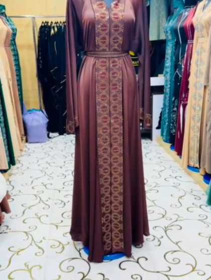 Maroon Gold Geometric Panel Open Abaya with Hijab