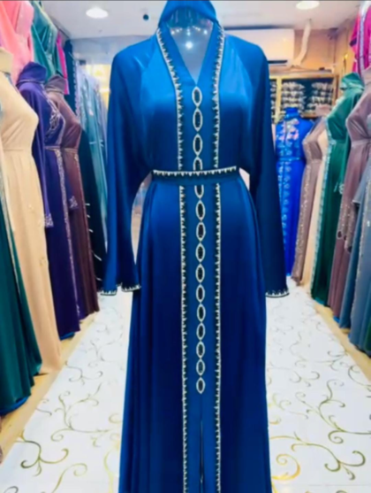 Royal Blue Silver Stone Trim Open Abaya with Hijab