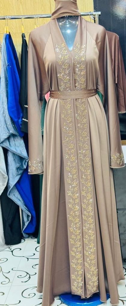 Coffee Mocha Gold Floral Vine Open Abaya with Hijab