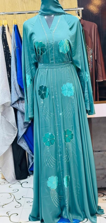 Teal Floral Applique Stone Open Abaya with Hijab