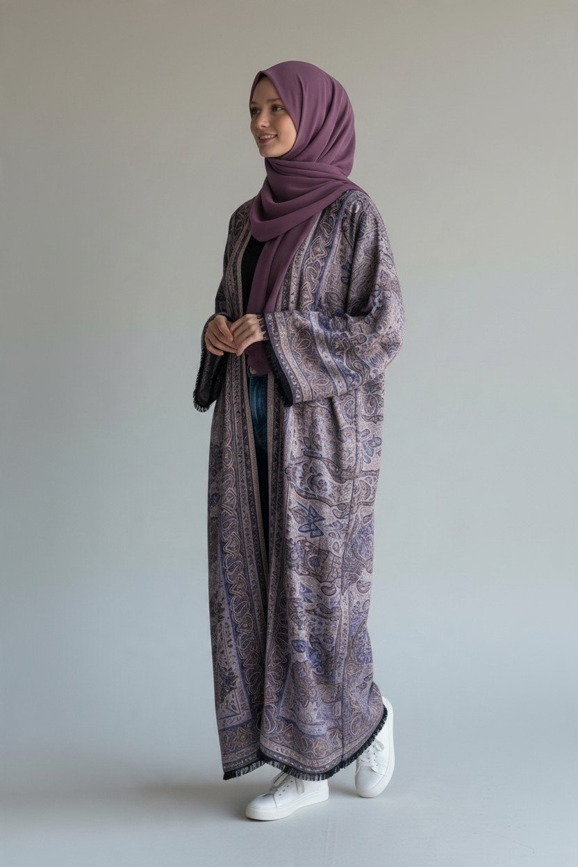 Mauve Elegance Printed Pasmina Abaya for Women