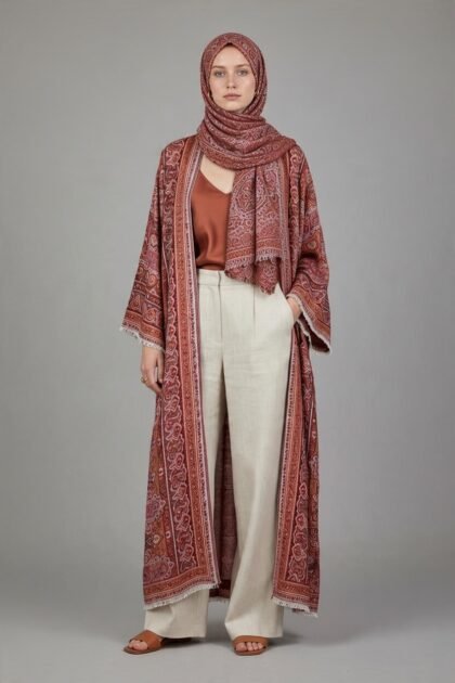 Burgundy Printed Open Abaya