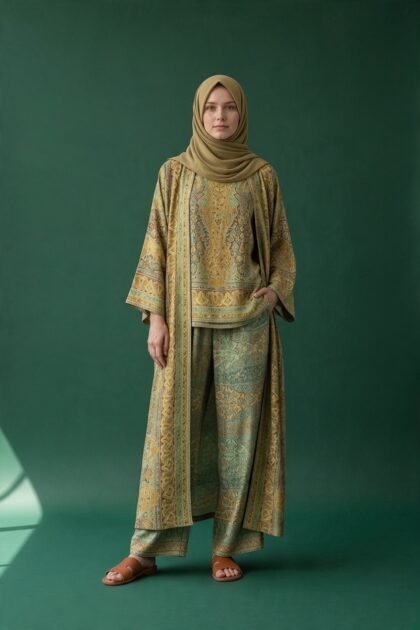 Olive Green Pasmina Abaya with Golden Paisley Print and Matching Modest Outfit