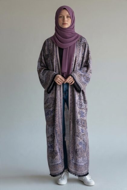 Mauve Elegance Printed Pasmina Abaya for Women