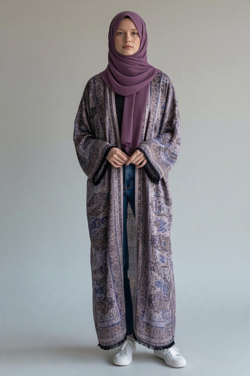 Mauve Elegance Printed Pasmina Abaya for Women