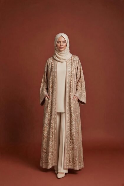 Champagne beige printed Pasmina Abaya for women with an ornamental paisley pattern, open-front design, and matching cream hijab.