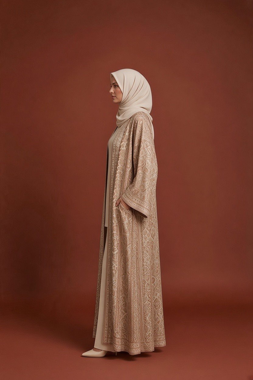 Champagne beige printed Pasmina Abaya for women with an ornamental paisley pattern, open-front design, and matching cream hijab.