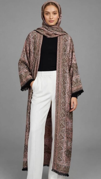 Dusty Rose Paisley Printed Open Abaya