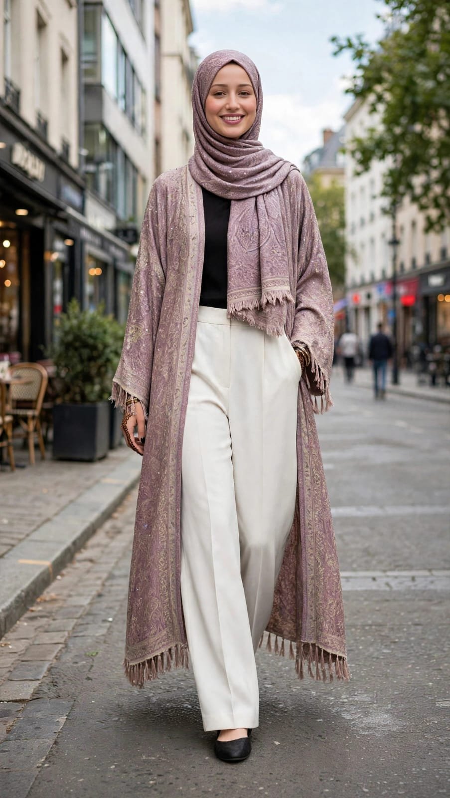 Dusty Mauve Printed Open Abaya with