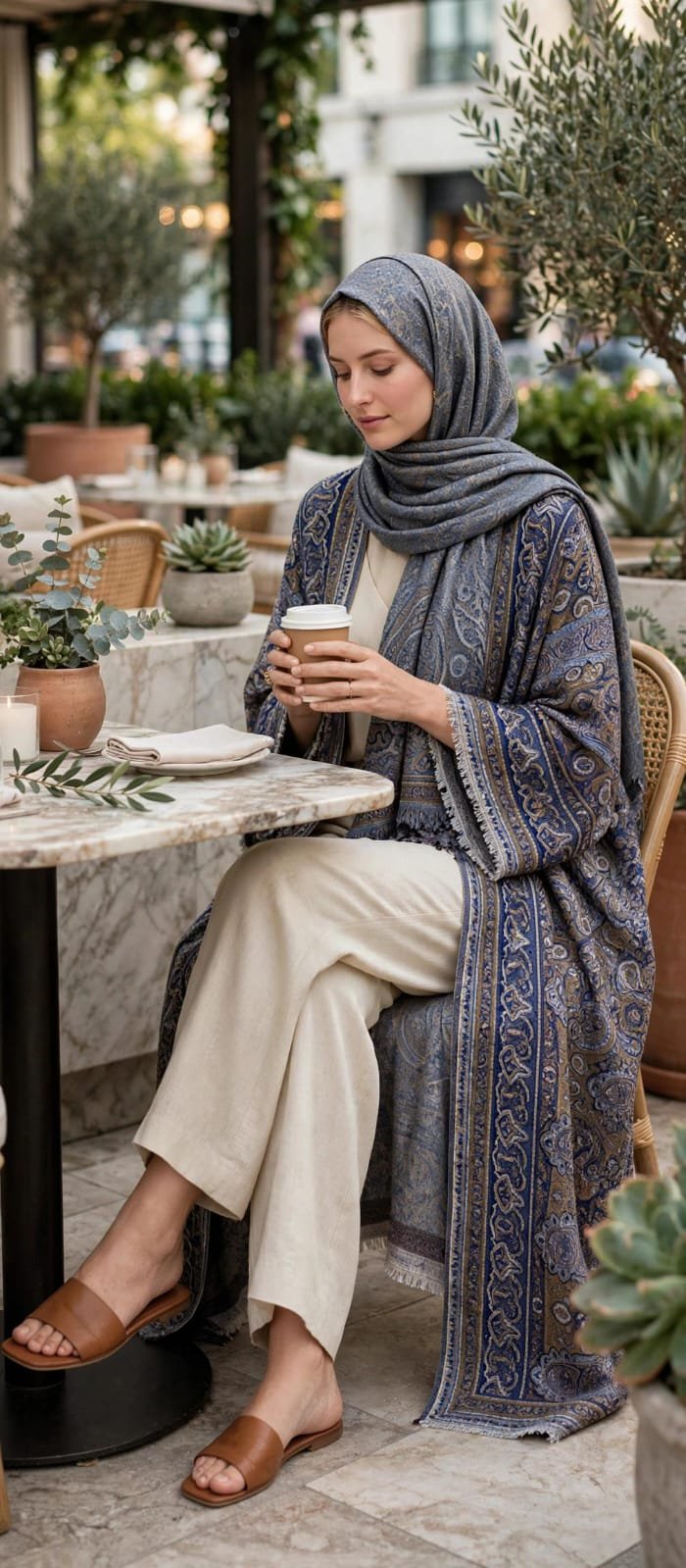 Elegant Blue Paisley Printed Open Abaya