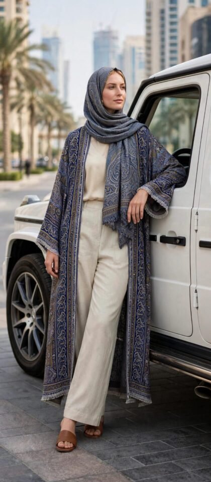 Elegant Blue Paisley Printed Open Abaya
