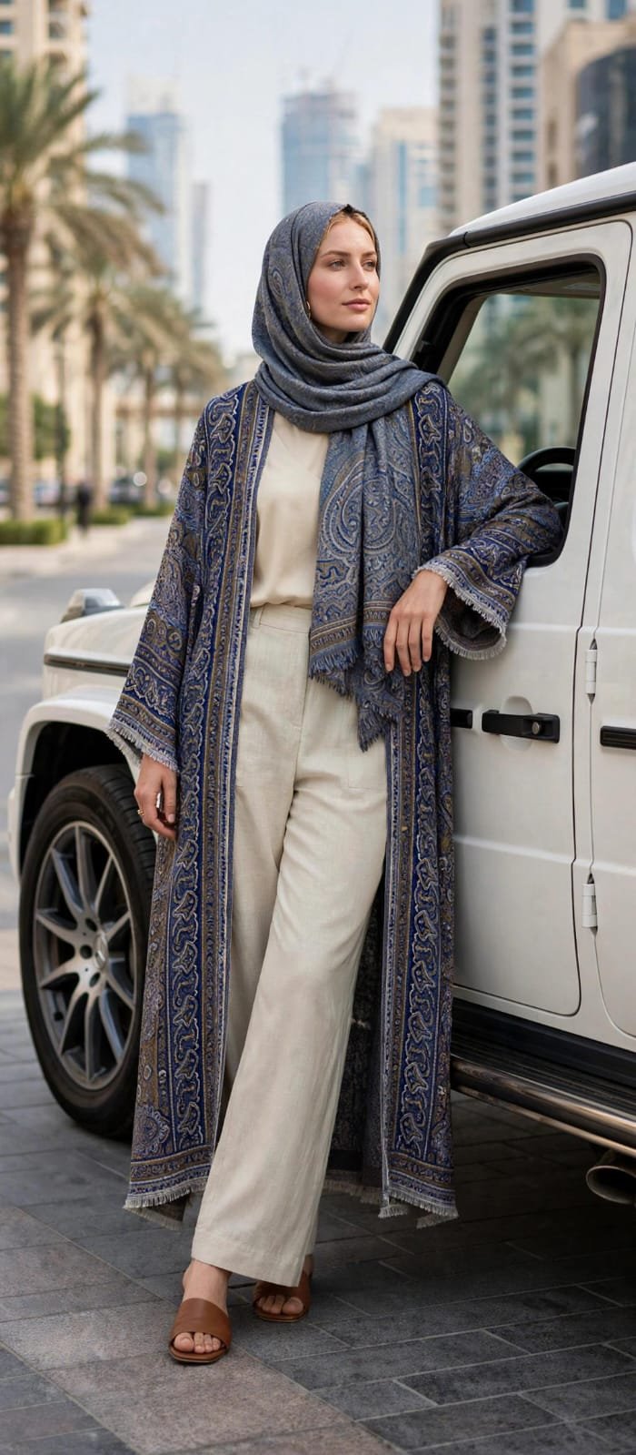 Elegant Blue Paisley Printed Open Abaya