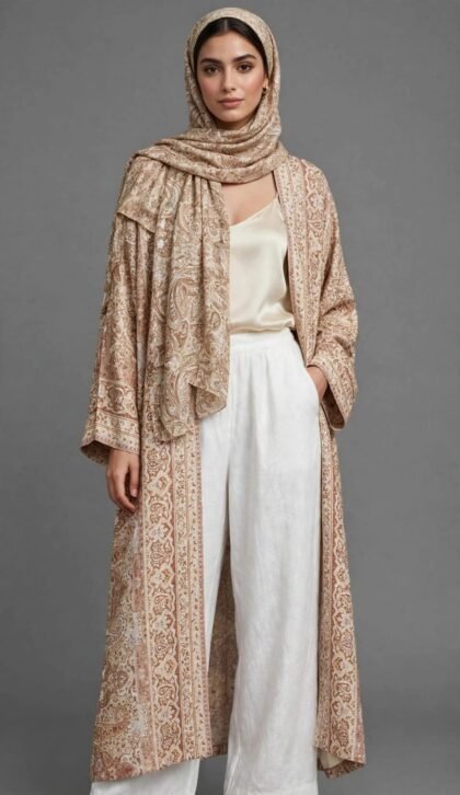 Elegant Beige Paisley Printed Open Abaya